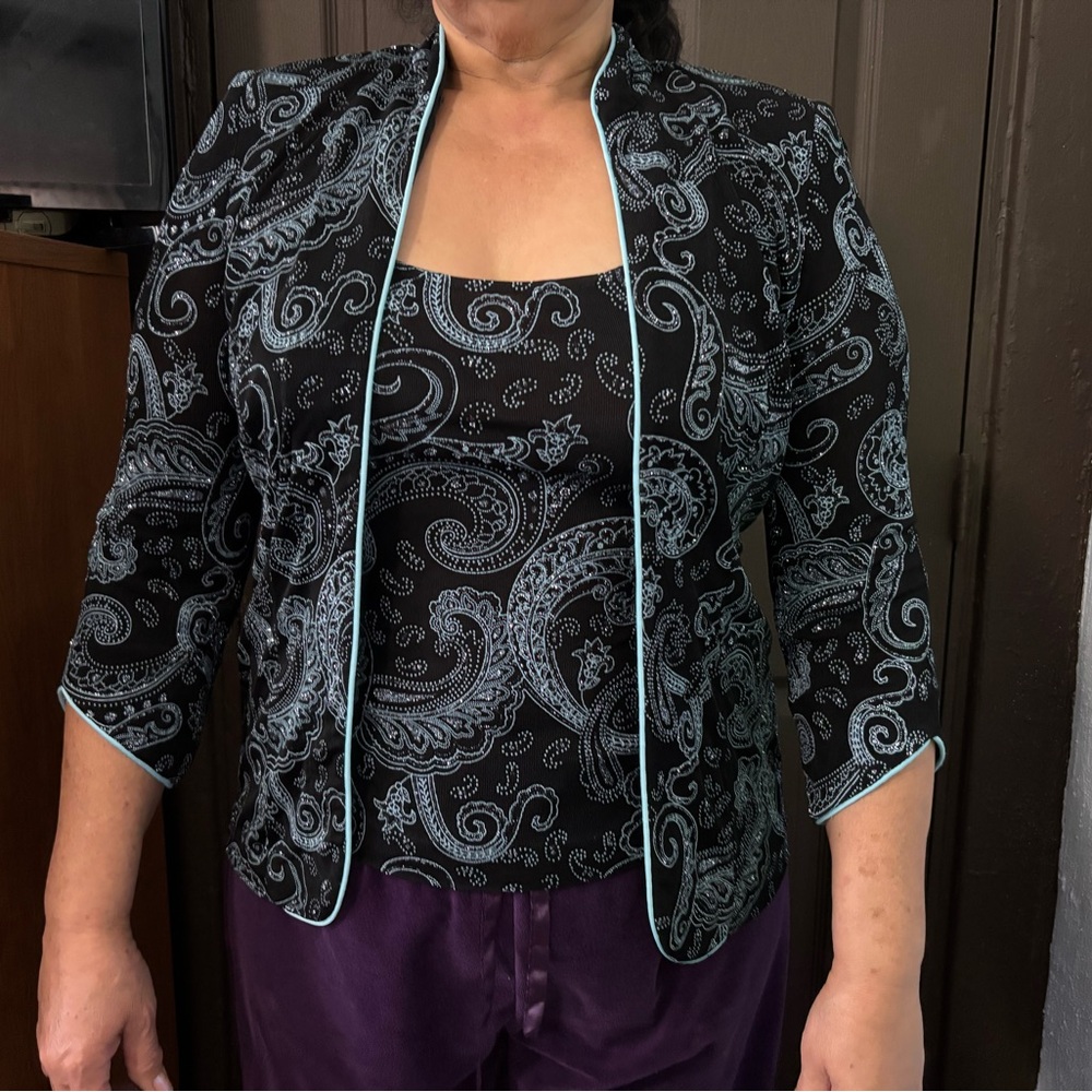 Alex Evenings Black and Blue Blazer with Paisley Design